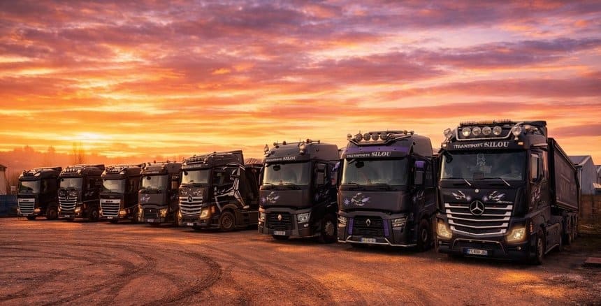 La belle flotte des Transports Silou au soleil couchant